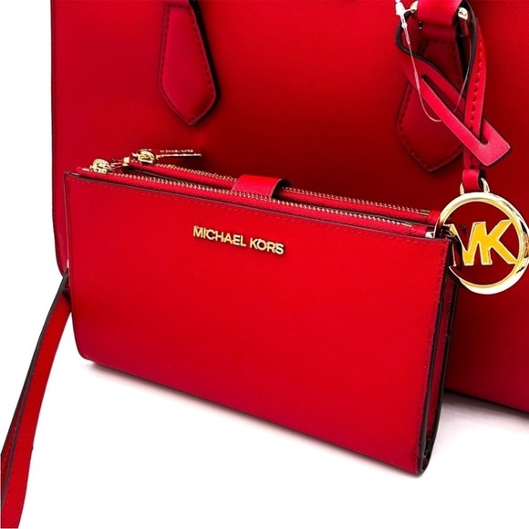 Michael Kors Sheila Medium Center Zip Satchel Bag & Large Double Zip Wallet Red - Picture 14 of 16